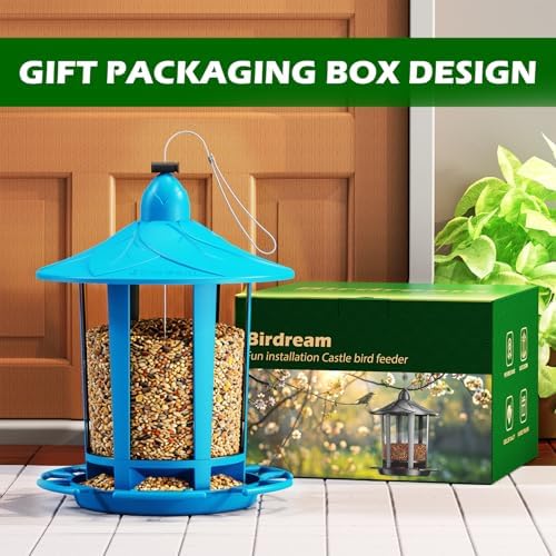Birdream 2 Pack Bird Feeders for Outdoor Hanging, Assembly Required, 1-Min Easy Setup, Charming Castle Design, Attracting Cardinals Chickadees Goldfinches & Sparrows - Blue