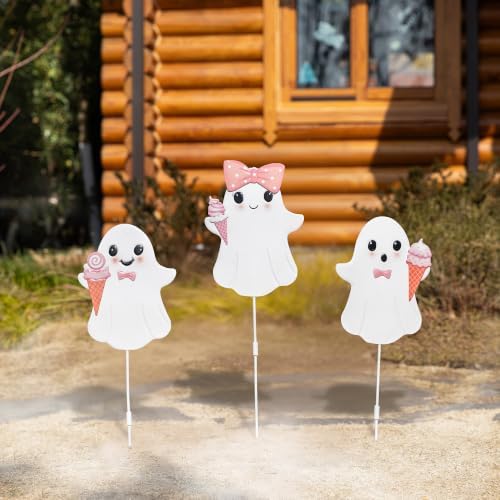 Glitzhome Halloween Metal Yard Stakes Set of 3 – 23.75" H Pink Ghosts Holding Ice Cream Cones, Cute Outdoor Halloween Decorations, Glossy Iron Garden Stakes for Lawn, Walkway, Party,Fall Decor