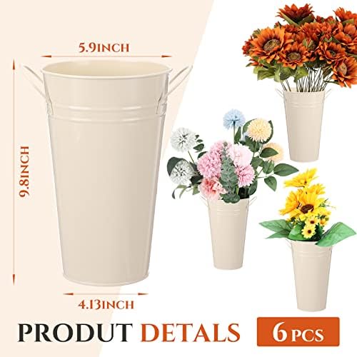 Chumia 6 Pcs Galvanized Metal Flower Buckets with Handles, White, 9.8 Inch