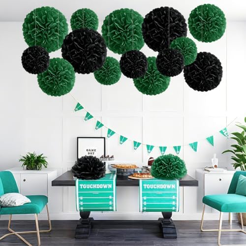 Recosis Black Green Party Decorations, 18 Pcs Paper Pom Poms Decorations