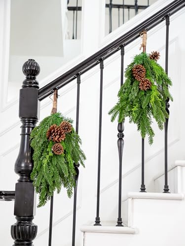 2PCS 28’’ Lush Cedar Pine Swag with Big Pine Cones, Christmas Teardrop Swag