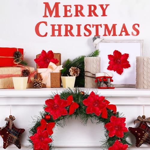 Sggvecsy 10Pcs Christmas Glitter Flowers Christmas Tree Ornaments Artificial Poinsettia Flower Velvet Magnolia Stems Floral Picks for Xmas Wedding DIY Crafts Wreath Party Floral Decorations (Red)