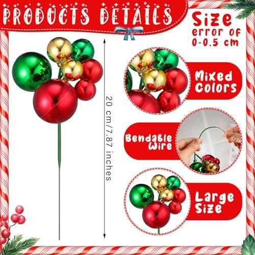 Daifunli 8 Pcs Christmas Tree Picks 7.87 Inch Red Green Gold Christmas Ball