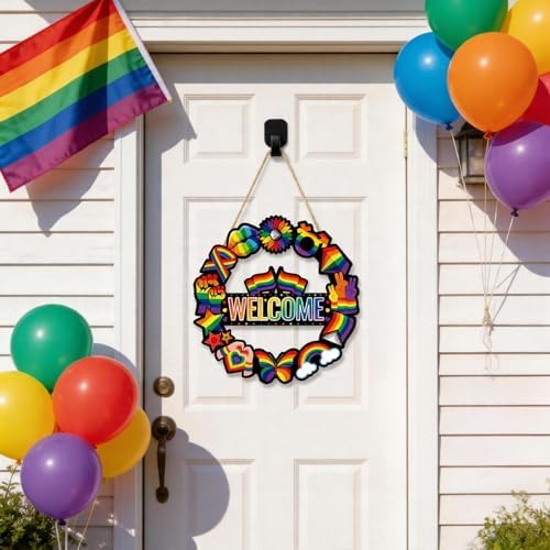 Pride Decorations Pride Month Wreath for Front Door Wooden Gay Pride Rainbow Sign Hollow Hanger Wall Art Everyone is Welcome Here Love Decor for Pride Ally Home Office LGBT Classroom Party Porch Yard