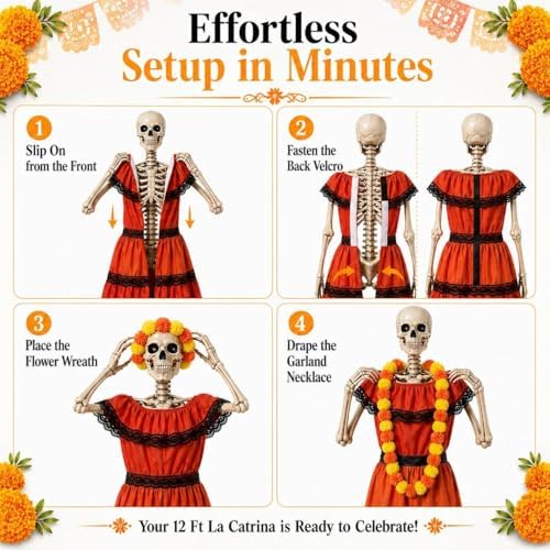 3 Pcs La Catrina Costume Set for 12 Ft Skeleton Day of the Dead Decor