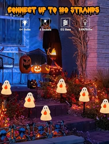 Halloween Ghost Pathway Lights, 7Ft Ghost Pathway Decoration Lights with 4 Clear C7 LED Bulbs, Ghost Pathway Extendable Pathway String Light for Halloween Holiday Outdoor Pathway Garden Walkway Decor