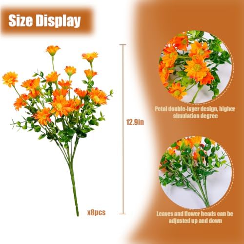 Artificial Fall Mums Outdoor Flowers, UV Resistant Faux Autumn Daisy Plants, Fake Orange Chrysanthemum Bush for Front Porch, Window Box, Patio Planter, Home & Garden (Daisy- Orange)