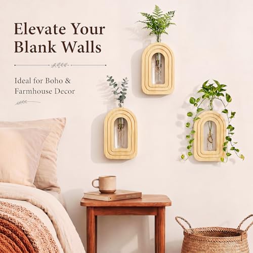 Capoda 3 Pack Wood Wall Vase, Arch Wall Propagation Station, Natural Wood