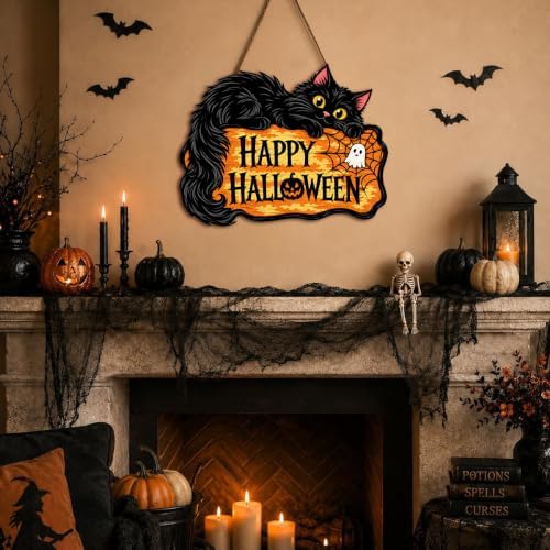 Halloween Door Sign, Wooden Black Cat Happy Halloween Hanging Wreath Plaque