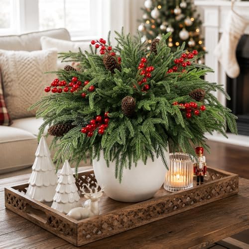 JOICEE 24Pcs Real Touch Norfolk Pine Branches with Pinecones Red Berries