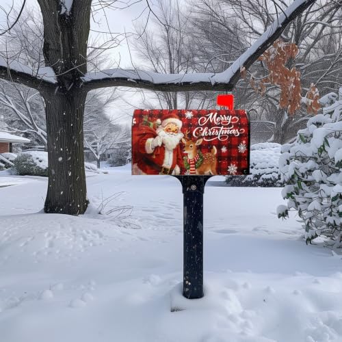 Christmas Santa Mailbox Covers Magnetic 21 x 18 Inch Xmas Deer Mailbox Cover Red Black Buffalo Plaid Holiday Post Box Letter Wraps Standard Size for Garden Outdoor Decor