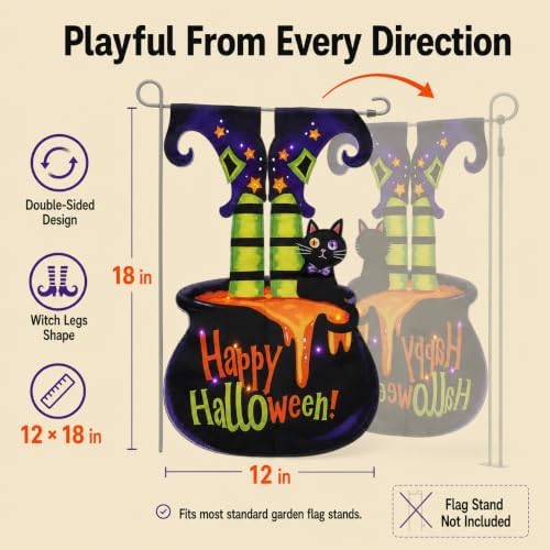 Halloween Lighted Garden Flag, Solar Witch Legs Cauldron Decor, 12 x 18 in