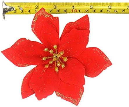 Gardeningwill 12Pcs 5 Inch Glitter Artificial Poinsettia Flowers with Ties for Wedding Christmas Festival Holiday Decor Xmas Wreath Garland Ornament Red