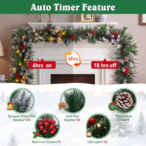 Christmas Garland,Christmas Garland with Lights, Christmas Decoration,9FT/2.7M, for Mantle, Home, Stairs, Fireplace, Porch, Door,Indoor/Outdoor (Green)