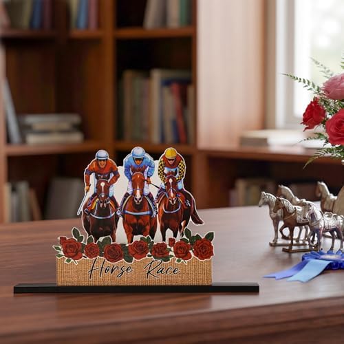 Smile Horse Race Wooden Standing Decor Set, Jockey & Horse Race Rose Themed Tiered Tray Tabletop Signs with Stands for Horse Racing Party Decorations