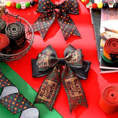 12 Rolls Black History Month Ribbons 2 Inch x 60 Yards Wired Edge Fabric Ribbons Craft Black History Month Themed Pattern Wrapping Crafts for DIY Gift Hair Bows Sewing Wreath 12 Styles