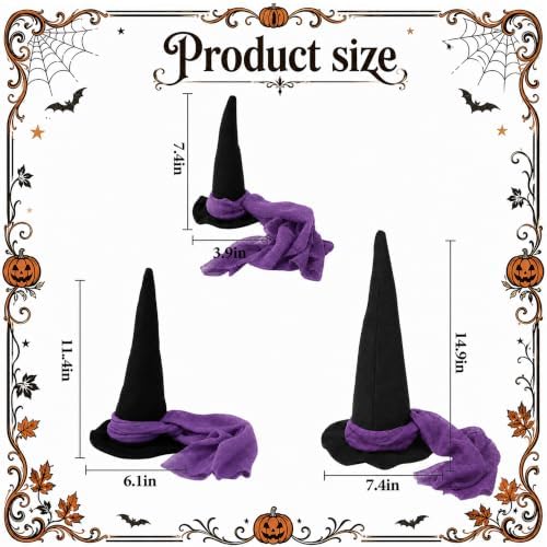 3 Pcs 3 Size Halloween Witch Hat Table Centerpiece with Purple Gauze Ribbon