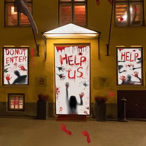 Bloody Halloween Window Cover Halloween Door Poster Decorations, Bloody Handprints Scary Silhouette, Bloody Window Indoor Décor for Party