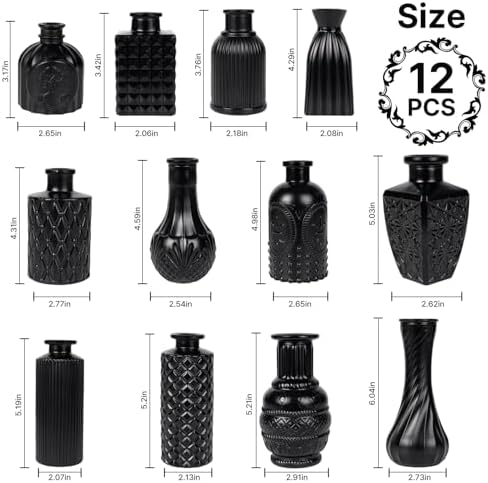 Black Glass Bud Vase Set of 12 Pcs,Small Bud Vases in Bulk,Glass Crystal Flower Vases Table Centerpieces for Party Event Wedding Decor Baby Shower Decorations (Classic Black, 12 Pcs)