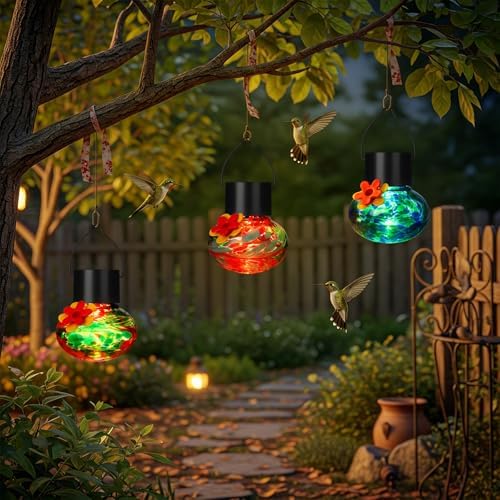 Nuogo 3 Pcs Blown Glass Hummingbird Feeder Gift Solar LED, Color B, Classic