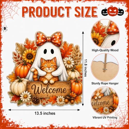 Halloween Door Wreath, Wooden Ghost Cat Welcome Door Wall Sign