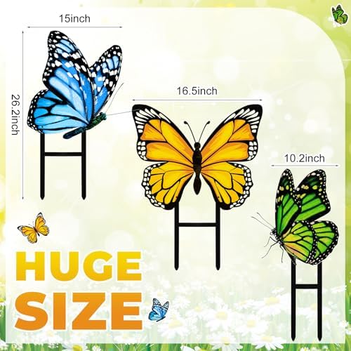3 Pcs Green Yellow Blue Butterfly Metal Garden Stakes Spring Yard
