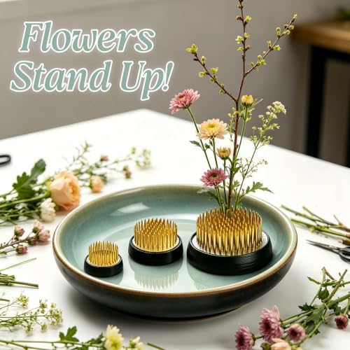 3 Pcs Flower Frogs 2inch 1.6inch 1.4inch Ikebana Kenzan Floral Pin Frog Flower Holder with Rubber Base for Flower Arrangements Supplies