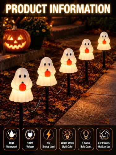 10.5FT Halloween Ghost Pathway Lights, 5 PK Plug in LED Ghost Stake Lights