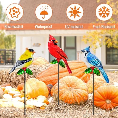 WAIU 3 Pack Metal Birds Garden Stakes, Outdoor Lawn Yard Ornaments Garden Decorations