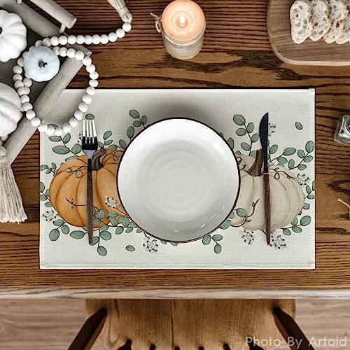 Artoid Mode Orange Pumpkin Eucalyptus Fall Placemats Set of 6, 12x18 Inch Seasonal Table Mats for Table Runner Party Kitchen Dining Decoration