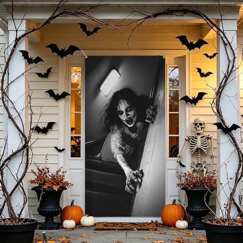 35.4" x 70.8" Halloween Door Cover, Haunted House Front Door Decor