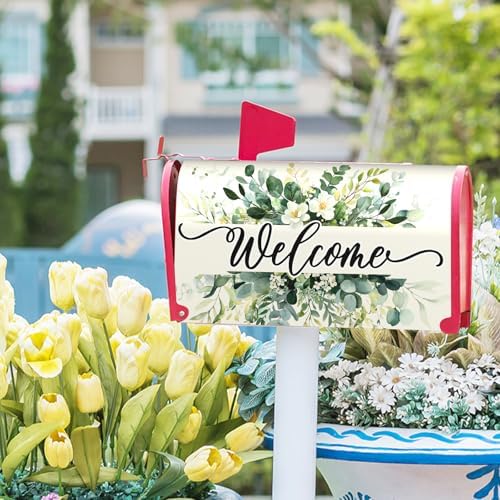 Kawani Spring Summer Floral Wreath Mailbox Covers Welcome Spring Magnetic Mailbox Cover Large Size 25x21 Inch Green Leaves Mailbox Cover Wraps Post Letter Box for Garden Outdoor Holiday Decorations