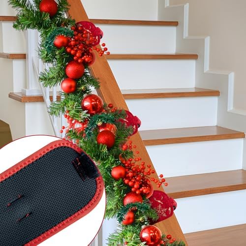 8 Pcs Railing Protection Christmas Garland Ties, Red Decorative Banister Garlands Hanger, Adjustable Banister Protective Padded Faux Pine Stems Garland Ties for Staircase Wreath Home Holiday Decor