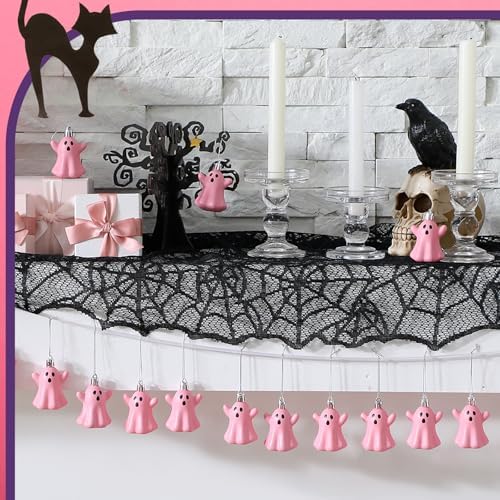 Lunmon 24 Pcs Halloween Cute Ghost Hanging Ornaments 2.2 Inches Rope Tree