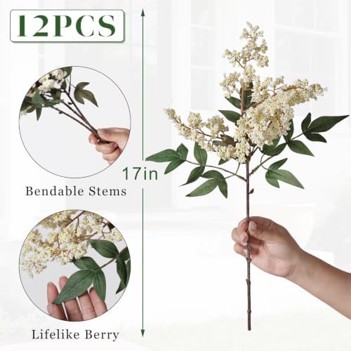 12Pcs 17" Lifelike Artificial Nandina Berry Stems for Vase Decor(Beige)