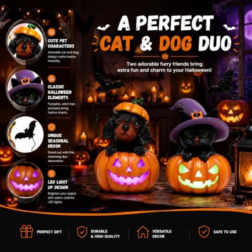 Hodao Halloween Pumpkin Decor with Cat & Dog, Lighted Jack O Lantern