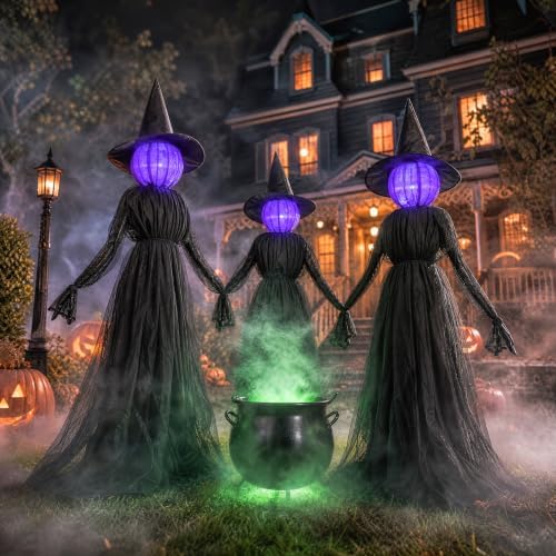 Dazzle Bright Halloween Witch Decorations Outdoor, 5 FT Set of 3 Light Up Head Holding Hands Witch with Stakes, Waterproof Witch Decor for Garden Yard Lawn Haunted House Decor