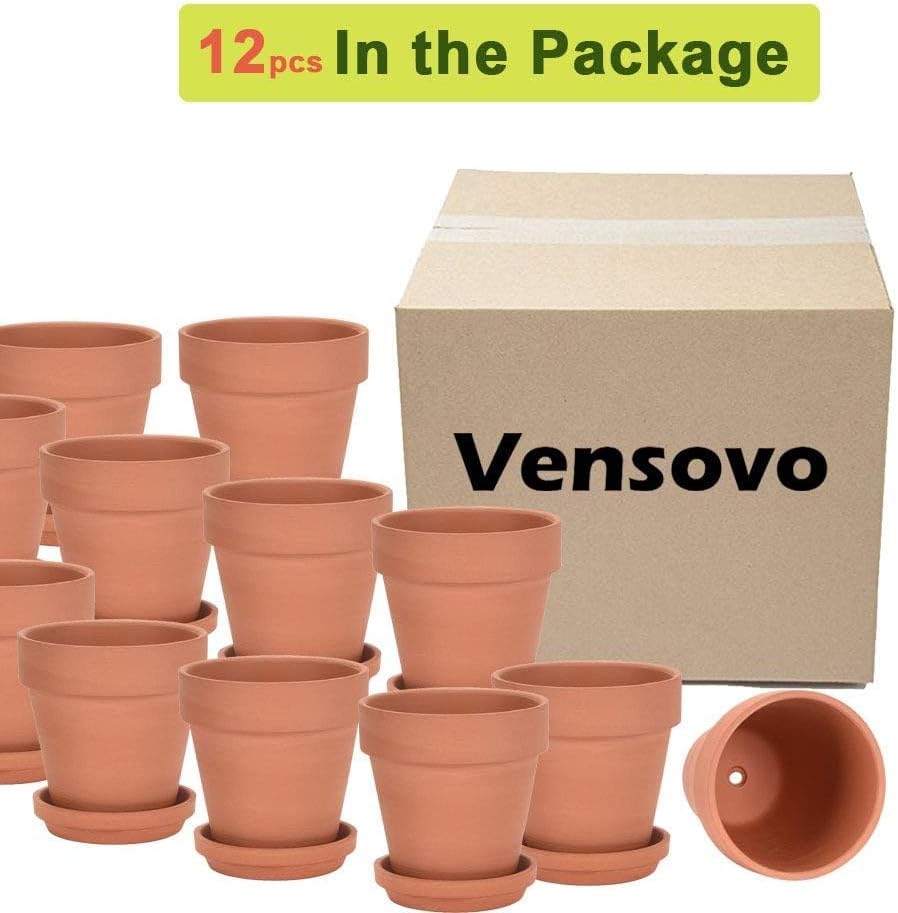 3 Inch Terracotta & Clay Pots for Plant with Saucer, 12 Pack | Clay Flowerpot with Drainage, Nursery pot for