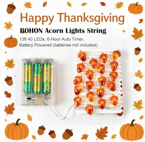Thanksgiving Decoration 13ft 40 LED Acorn Fall Fairy Lights Battery Powered