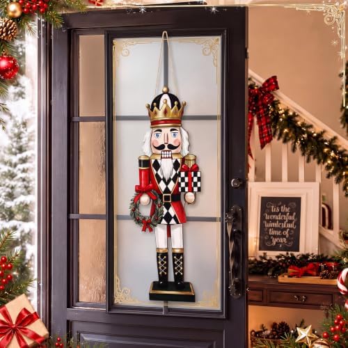 RattanView Christmas Checkered Soldier Nutcracker Door Hanger Wooden Nutcracker Soldier Knight Porch Wreaths Home Sign Front Door Ornament for Farmhouse Indoor Outdoor Yard Porch