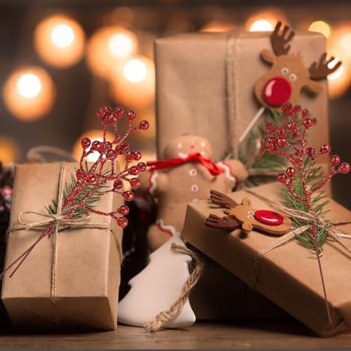 CCINEE 24 Pack Christmas Artificial Red Berry Stems,6.9 Inch Xmas Red Glitter Berry Picks Holly Branches for Christmas Tree Ornaments Xmas Wreath DIY Crafts Home Holiday Decor