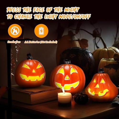 Tujoe 6 Pcs Halloween Pumpkin Lantern Set Light up LED,Orange