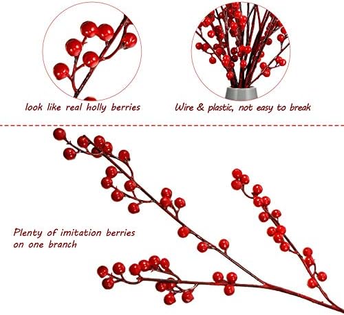 WILLBOND Artificial Red Berry Stems 21.6 Inch Christmas Red Berries Holly Berry Branches for Christmas Tree New Year Decor DIY Craft (Simple Style, 16 Pieces)