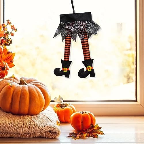 2PCS Halloween Witch Legs 18inch Plush Stuffed Orange Purple Witch Legs with Shoes Novelty Hanging Decoration for Front Door Sign Wall Hanger Wreath Halloween Party Home Decoration Supplies (A)