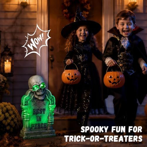 Halloween Decoration Animatronic Tombstone with Skull & Pillars, Sound Activated Grave Marker with Green Light-Up & Creepy Sound Effects, RIP Cemetery Prop for Haunted House, Yard, Lawn & Porch Decor