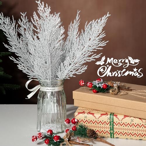 Alpurple 25 Pcs Christmas Silver Artificial Pine Branches- 13.5" Glitter Fake Foliage Pine Stems Picks- Silver Leaves Artificial Pine Needles for DIY Christmas Wreath Home Decoration