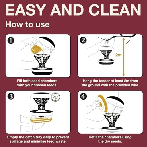 SWISSINNO Bird Feeders - No Mess Hanging Bird Feeder for Outdoors - Smart Birds Davos Spill Proof Wild Cardinal & Small Bird Feeder with Integrated Seed Catcher Tray - Dual Chamber - Burgundy