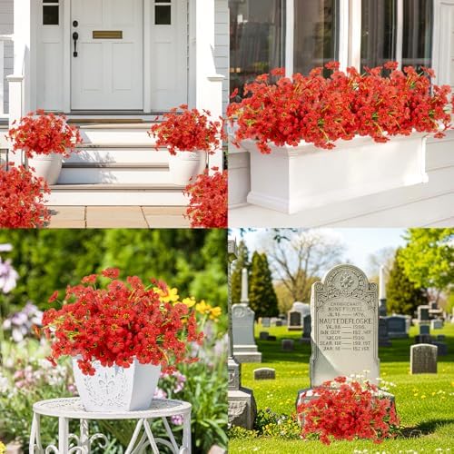 12 Bundles Red Artificial Flowers for Outdoors, UV Resistant Faux Plants