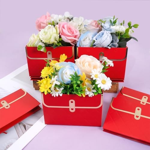 baotongle 6pcs Flower Paper Gift Box Bouquet Storage Bucket Handbag with Metal Chain Flower Boxes for Arrangements Wedding Mother's Day Birthday Bridal Shower (Red)