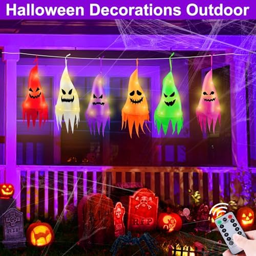 Remote Control - 6 Pcs Halloween Hanging Ghosts with 8 Modes 30 LED Lights,13 FT Long Halloween Decorations Outdoor Hanging Ghosts with Witch Hat,Waterproof for Yard, Lawn, Porch, Garden Tree Outside